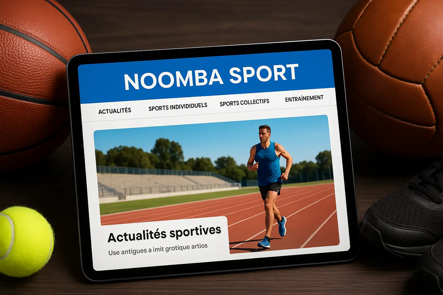 Illustration d’une plateforme d’actualité sportive en ligne couvrant sports individuels, sports collectifs, entraînement et nutrition sportive