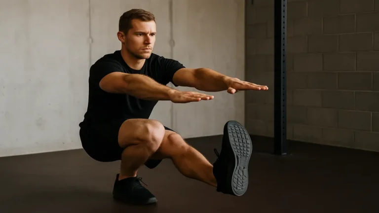 Exécution d’un pistol squat en salle de sport, squat sur une jambe sollicitant force, équilibre et mobilité de cheville