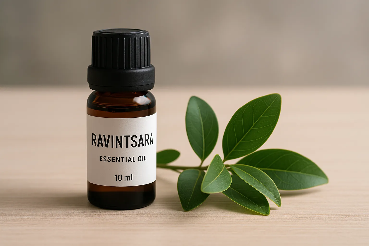 Flacon d’huile essentielle de ravintsara posé sur une table en bois avec feuilles vertes, illustrant son usage pour favoriser le sommeil.