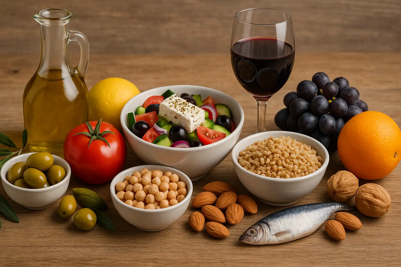 Régime crétois avec aliments méditerranéens : huile d’olive, légumes frais, pois chiches, fruits, poisson et noix sur table rustique.