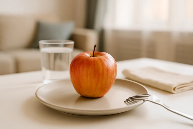 Pomme rouge posée sur une assiette avec verre d’eau en arrière-plan, illustrant le régime des pommes et son aspect minimaliste.