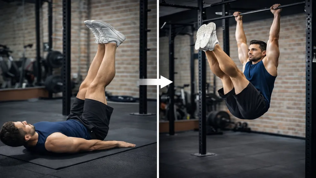 Exercice de relevé de jambes au sol et relevé de jambes suspendu à la barre pour renforcer les abdominaux en salle de sport.