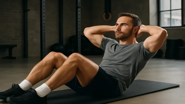 Homme réalisant un sit-up au sol pour renforcer les abdominaux dans une salle de sport