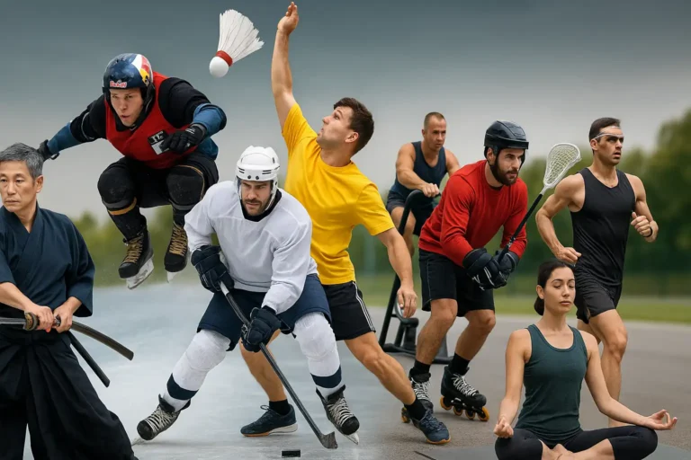 Illustration représentant différentes disciplines sportives commençant par la lettre I, incluant sports individuels, sports collectifs et activités de bien-être