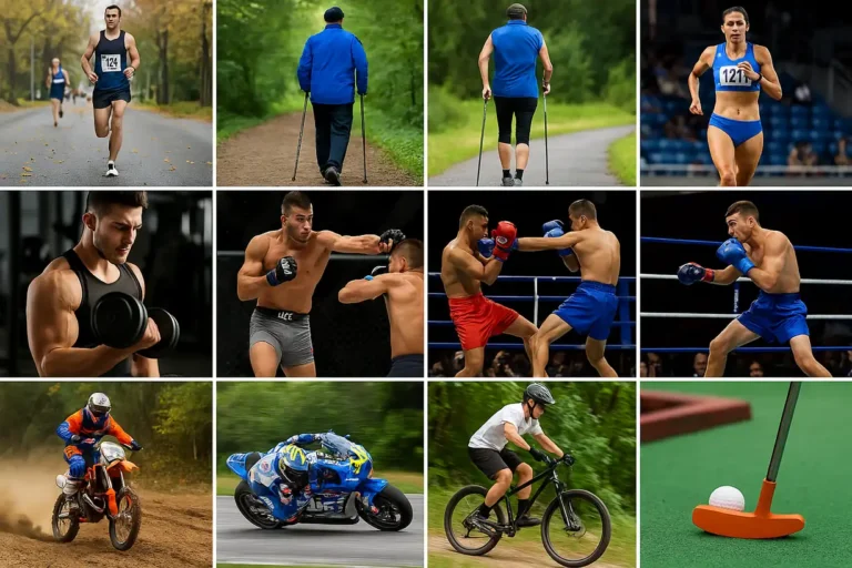 Collage illustrant plusieurs sports commençant par la lettre M comme marathon, marche nordique, musculation, MMA, muay-thaï, motocross, motocyclisme, VTT et minigolf.