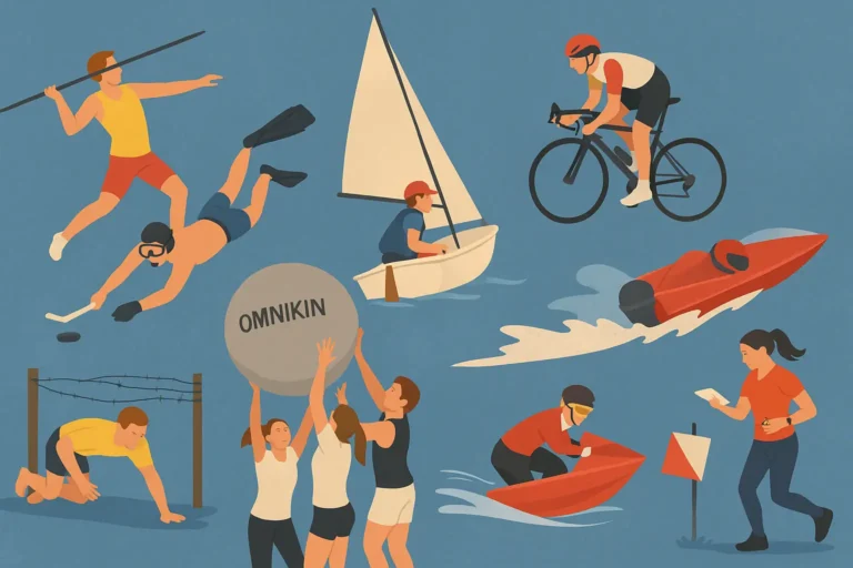 Illustration représentant plusieurs sports commençant par la lettre O, incluant voile Optimist, omnium cyclisme, course d’orientation, course d’obstacles, offshore, octopush, octathlon et Kin-Ball