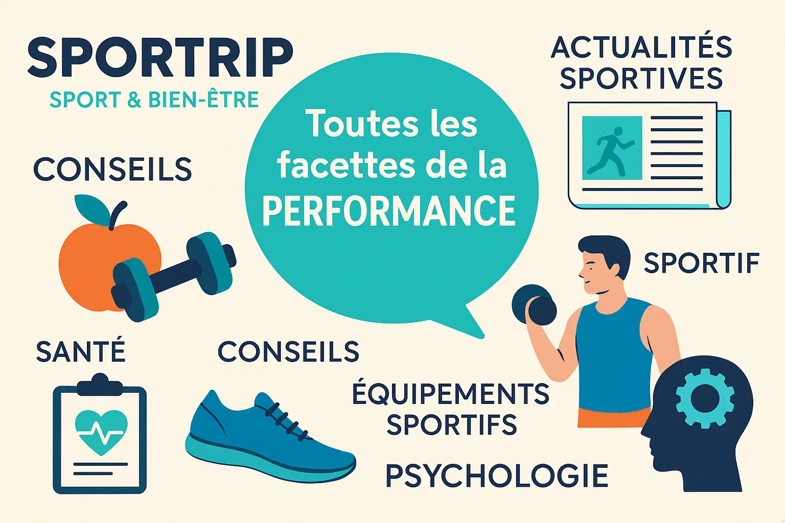Illustration représentant une plateforme sport et bien-être axée sur la performance globale, combinant entraînement, nutrition, santé, équipement sportif et préparation mentale