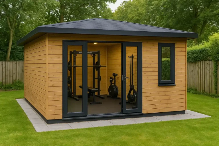 Cabane de jardin aménagée en salle de sport à domicile avec équipements de musculation et cardio, installée dans un jardin verdoyant