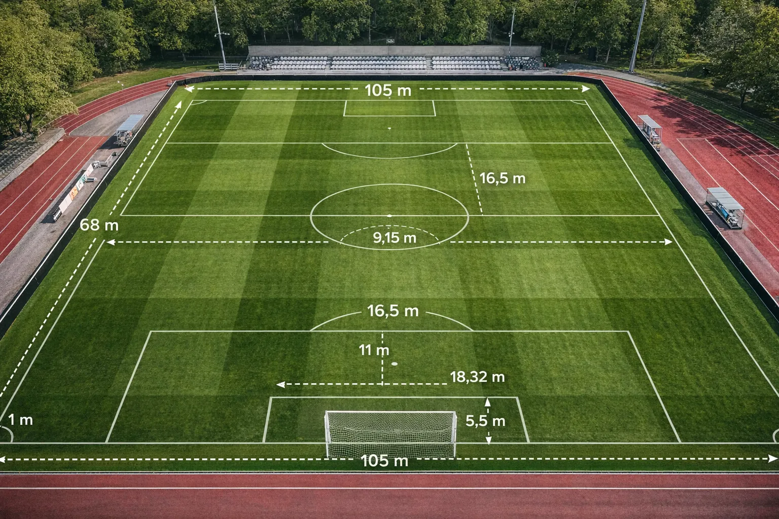 Vue aérienne d’un terrain de football à 11 aux dimensions réglementaires, avec marquages officiels, surface de réparation, point de penalty, rond central et buts conformes aux normes IFAB.