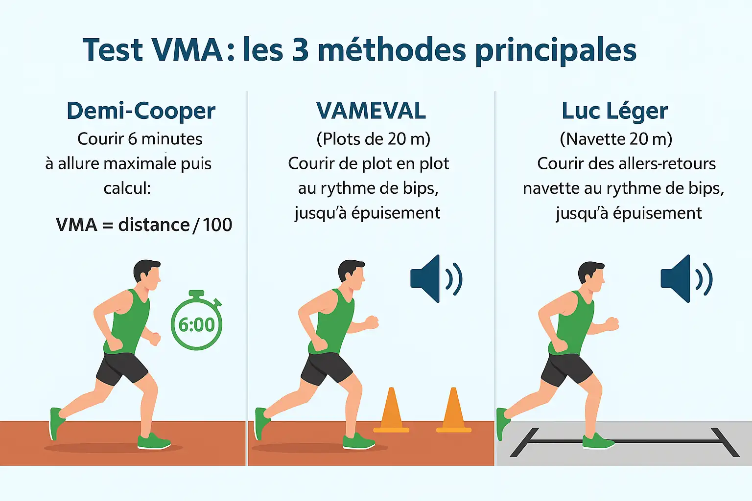 Illustration expliquant les trois principaux tests VMA en course à pied, incluant le demi-Cooper, le VAMEVAL et le test Luc Léger, pour mesurer la vitesse maximale aérobie