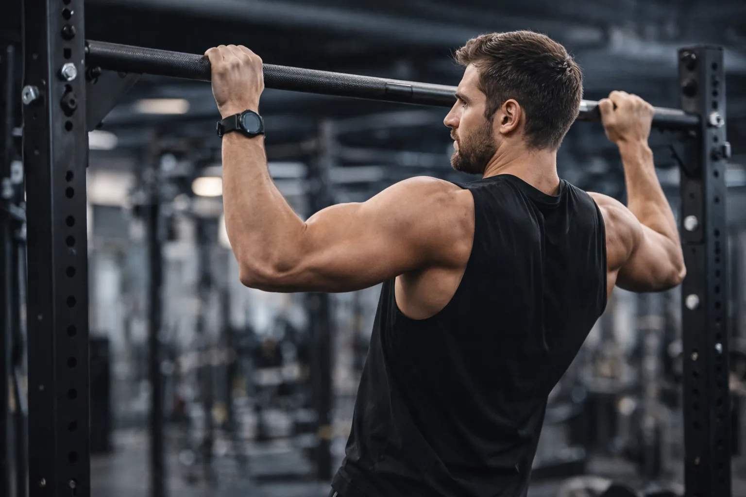 Homme réalisant une traction en pronation sur barre fixe en salle de sport, prise en pronation avec paumes vers l’avant, illustrant la technique correcte du pull-up et le travail du dos.