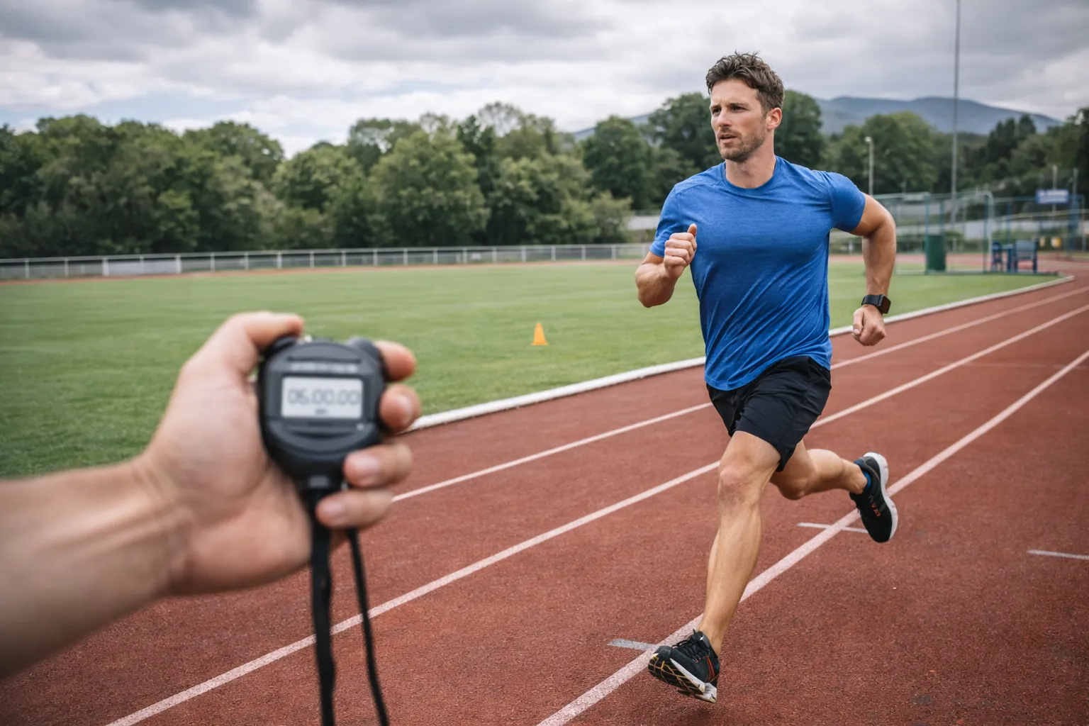Coureur réalisant un test VMA sur piste d’athlétisme lors d’un demi-Cooper 6 minutes, méthode utilisée pour calculer la vitesse maximale aérobie.