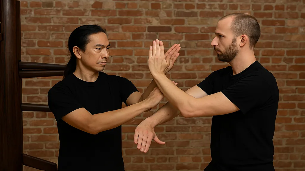 Pratique du Wing Chun avec exercice de chi sao entre deux pratiquants, art martial chinois axé sur le combat rapproché et la ligne centrale