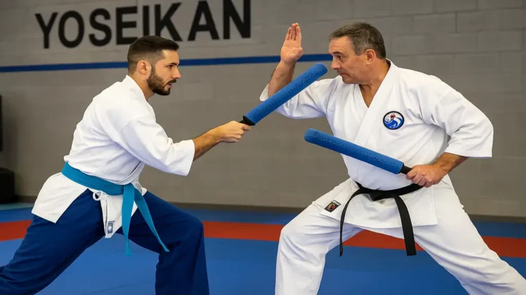 Pratiquants de yoseikan budo exécutant une technique martiale avec arme d’entraînement dans un dojo