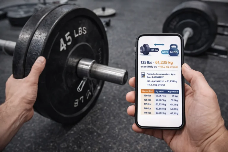 Conversion de 135 lbs en kg en salle de sport avec une barre chargée et un smartphone affichant le calcul du poids en kilogrammes