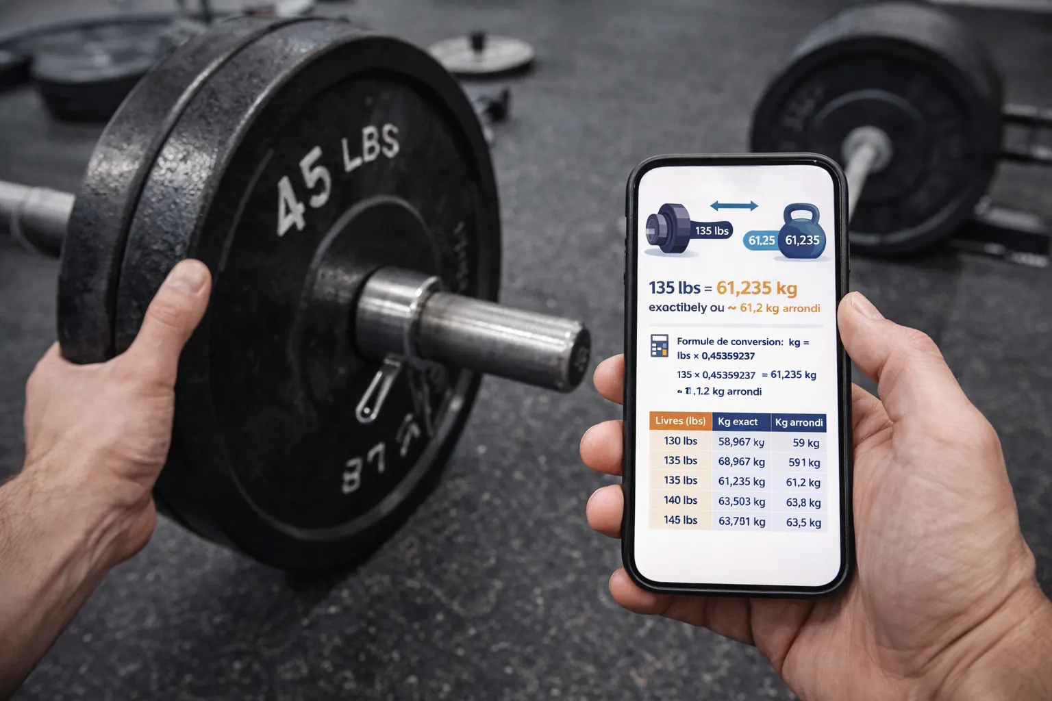 Conversion de 135 lbs en kg en salle de sport avec une barre chargée et un smartphone affichant le calcul du poids en kilogrammes