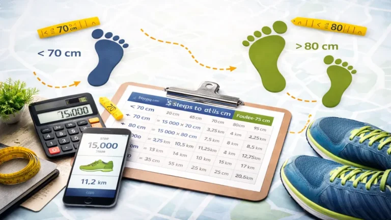 Équipement de marche avec chaussures de sport, smartphone affichant un compteur de pas et accessoires de suivi d’activité, illustrant la conversion de 15 000 pas en kilomètres.