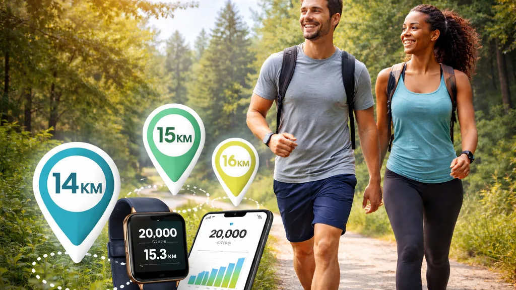 Deux personnes marchant sur un sentier en forêt avec une montre connectée et un smartphone pour suivre la distance correspondant à 20 000 pas.