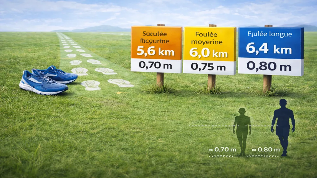 Chemin herbeux avec empreintes de pas, chaussures de marche et silhouettes de marcheurs, illustrant la distance parcourue en marchant environ 8000 pas.