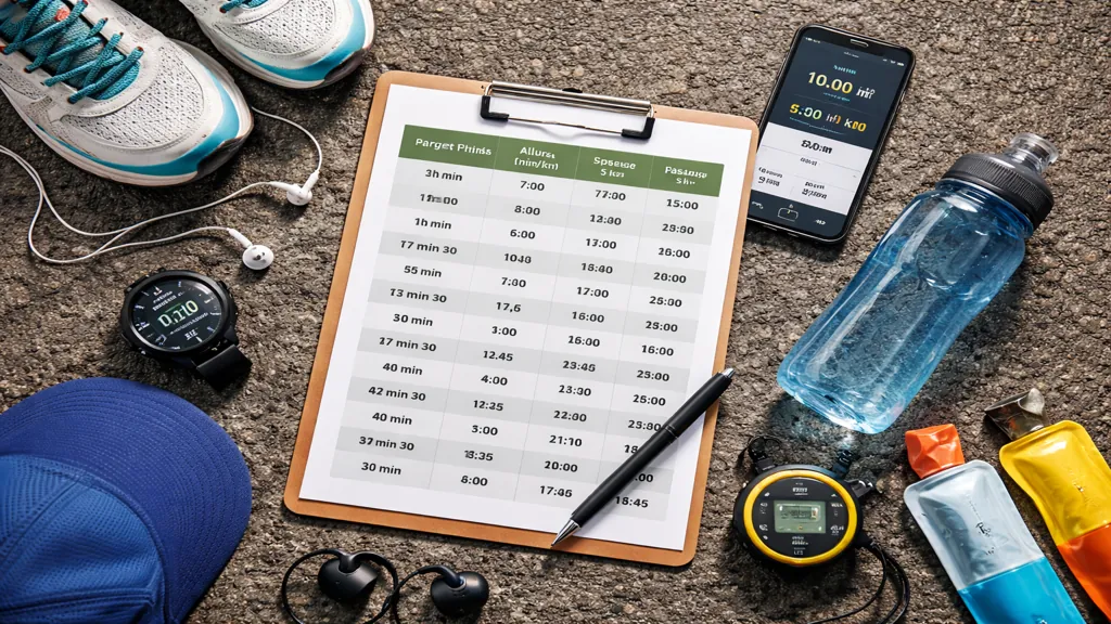 Équipement de course à pied pour un 10 km avec chaussures de running, montre GPS, chronomètre et accessoires posés sur l’asphalte avant une séance ou une course.