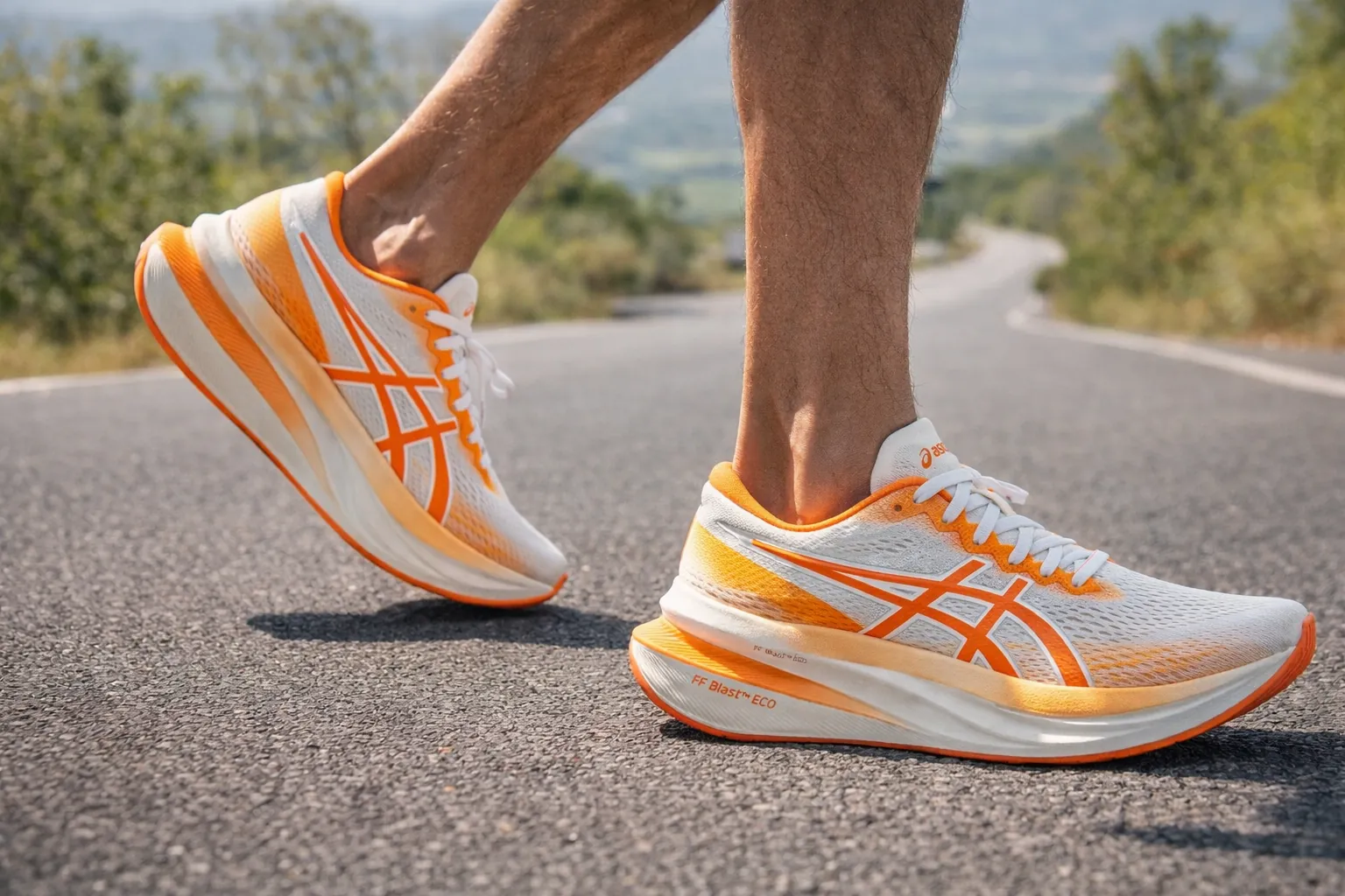 Coureur portant des Asics Superblast 2 lors d’une sortie running sur route avec foulée dynamique et amorti visible