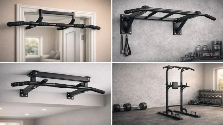 Comparatif visuel de barres de traction à domicile : modèle pour porte, barre murale, barre au plafond et station autoportante dans un espace home gym