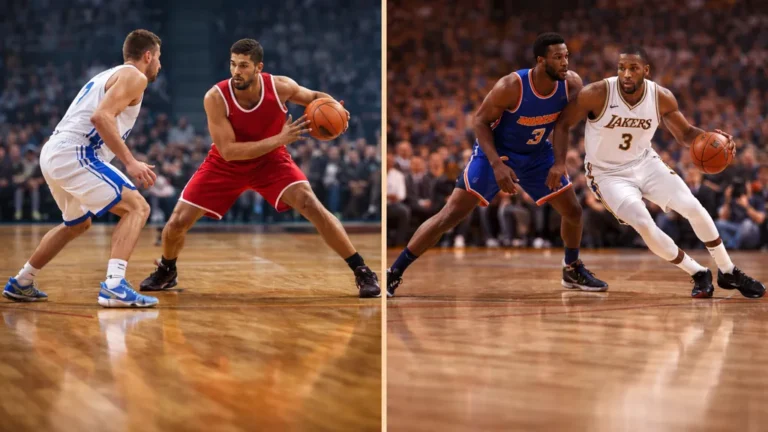 Action de jeu en basket-ball montrant deux situations réalistes en match européen et en match NBA, illustrant les différences de rythme et de style entre les compétitions.