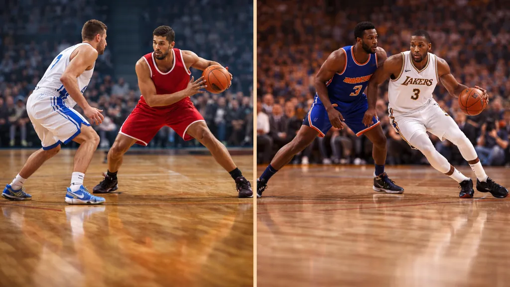 Action de jeu en basket-ball montrant deux situations réalistes en match européen et en match NBA, illustrant les différences de rythme et de style entre les compétitions.
