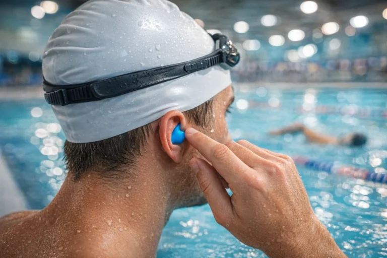 Nageur ajustant des bouchons d’oreille piscine en silicone avant une séance de natation en bassin intérieur