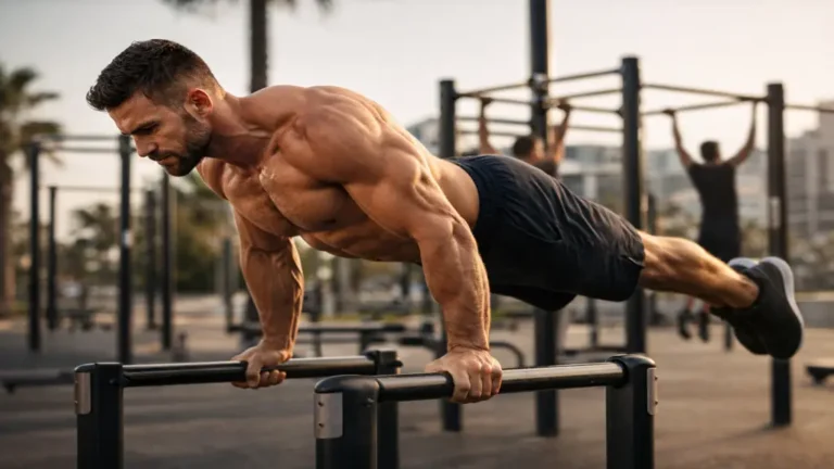 Athlète pratiquant la callisthénie en extérieur sur barres parallèles, exercice au poids du corps développant force, gainage et contrôle corporel.