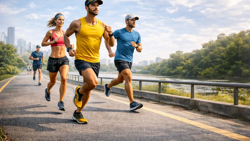 Groupe de coureurs s’entraînant à allure soutenue sur un parcours urbain en extérieur, illustrant la préparation et l’objectif de courir un 10 km.