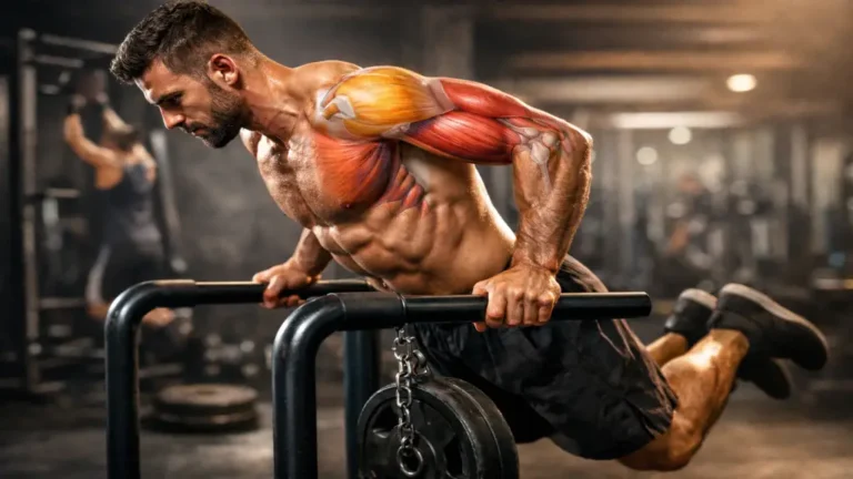 Exercice de dips sur barres parallèles en salle de musculation, sollicitant triceps, pectoraux et épaules.