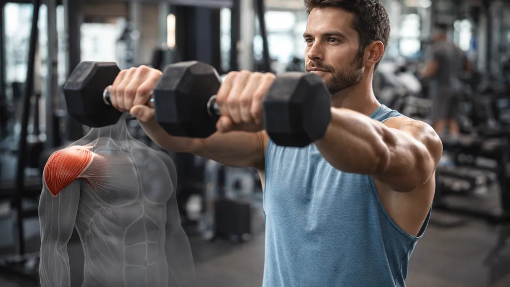 Homme réalisant une élévation frontale avec haltères en salle de sport, bras levés devant lui à hauteur d’épaules pour solliciter le deltoïde antérieur.