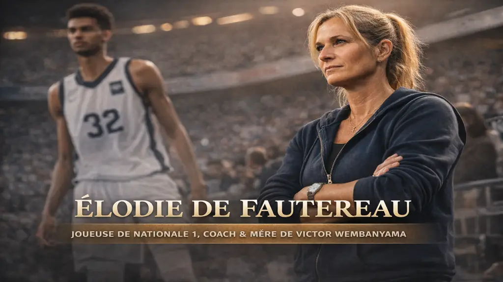Élodie de Fautereau, ancienne joueuse de basket et entraîneuse française, observant un match en salle avec Victor Wembanyama en arrière-plan.