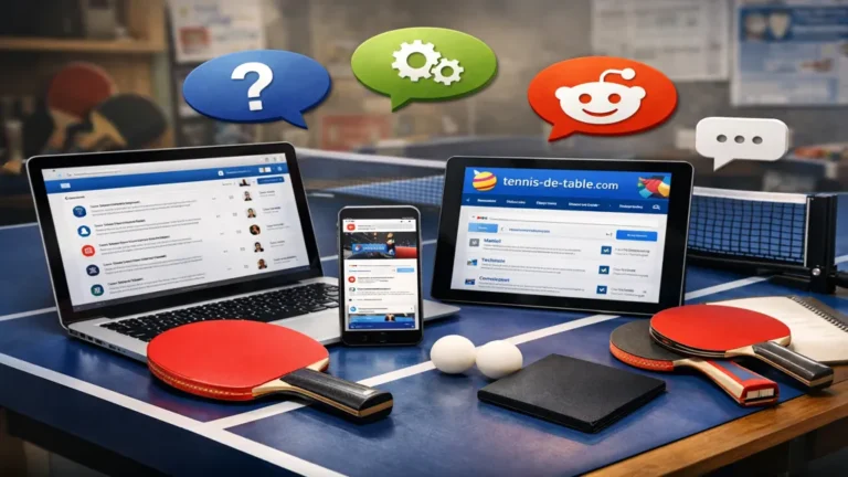 Table de tennis de table avec raquettes, balles et écrans affichant un forum de discussion, illustrant les échanges entre joueurs de ping-pong en ligne.