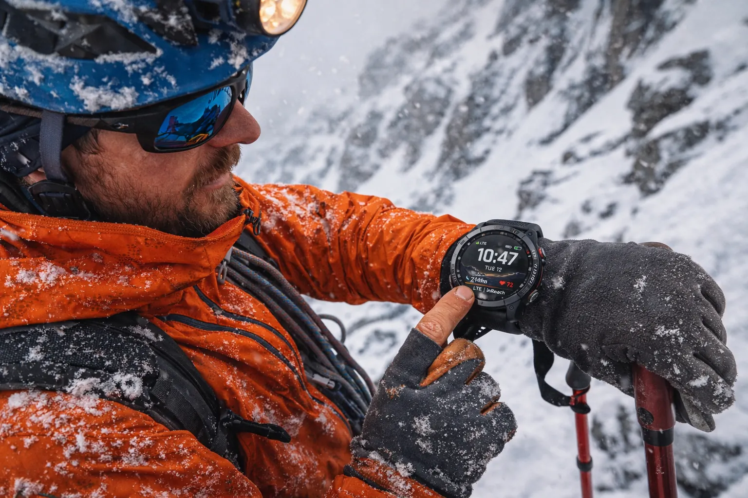 Alpiniste utilisant une Garmin Fenix 8 Pro en montagne pour consulter l’altitude, la fréquence cardiaque et la navigation GPS en conditions hivernales