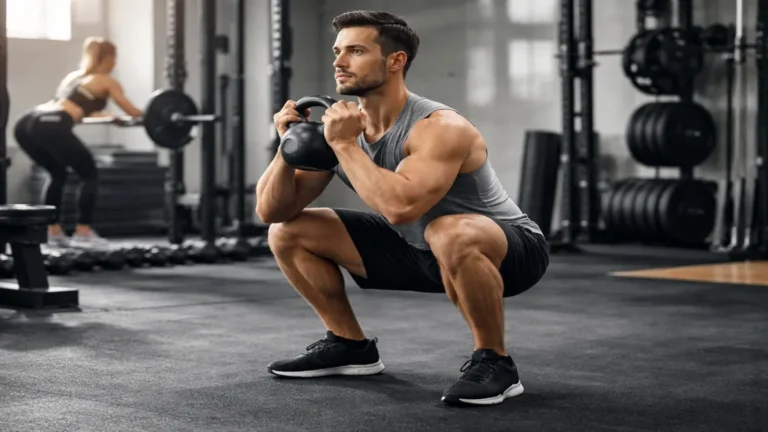 Athlète réalisant un goblet squat avec kettlebell en salle de musculation, posture droite, squat profond, exercice ciblant quadriceps, fessiers et tronc