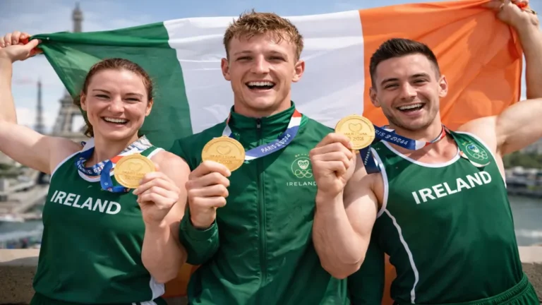 Athlètes de Team Ireland célébrant leurs médailles aux Jeux Olympiques de Paris 2024 devant le drapeau irlandais et la tour Eiffel.