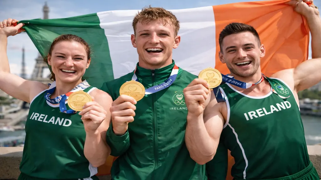 Athlètes de Team Ireland célébrant leurs médailles aux Jeux Olympiques de Paris 2024 devant le drapeau irlandais et la tour Eiffel.