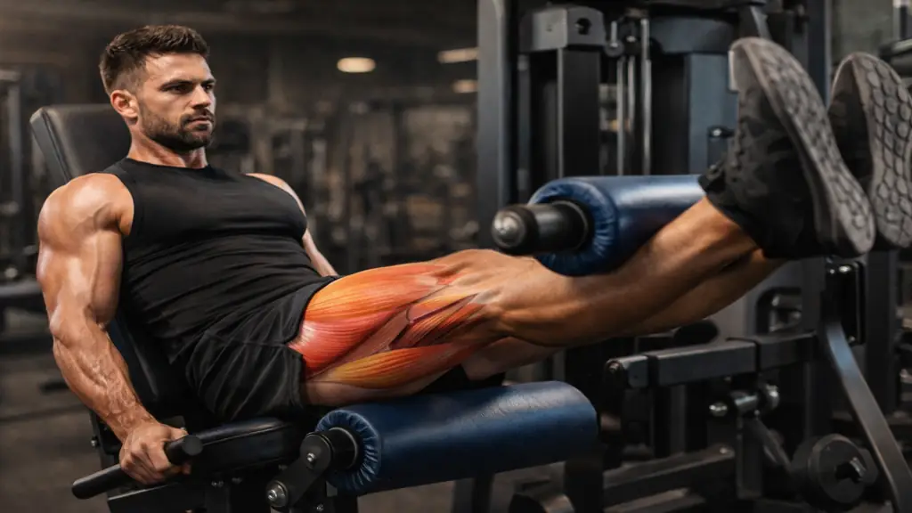 Exercice de leg extension sur machine en salle de musculation, ciblant les quadriceps avec extension contrôlée du genou.