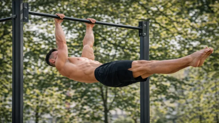 Athlète réalisant un front lever en calisthenics sur barre fixe en extérieur, corps parfaitement horizontal, gainage et dorsaux engagés.
