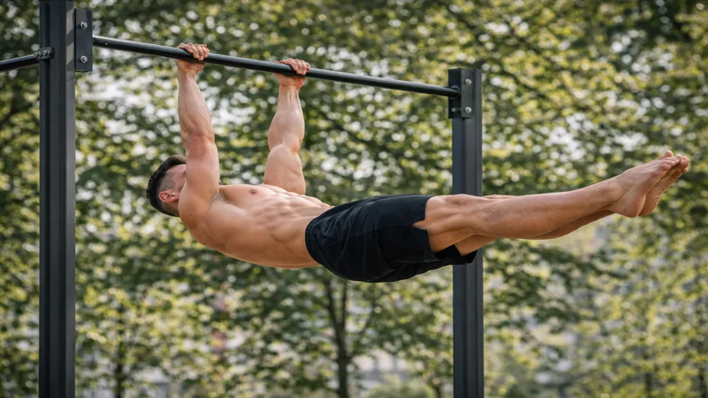 Athlète réalisant un front lever en calisthenics sur barre fixe en extérieur, corps parfaitement horizontal, gainage et dorsaux engagés.