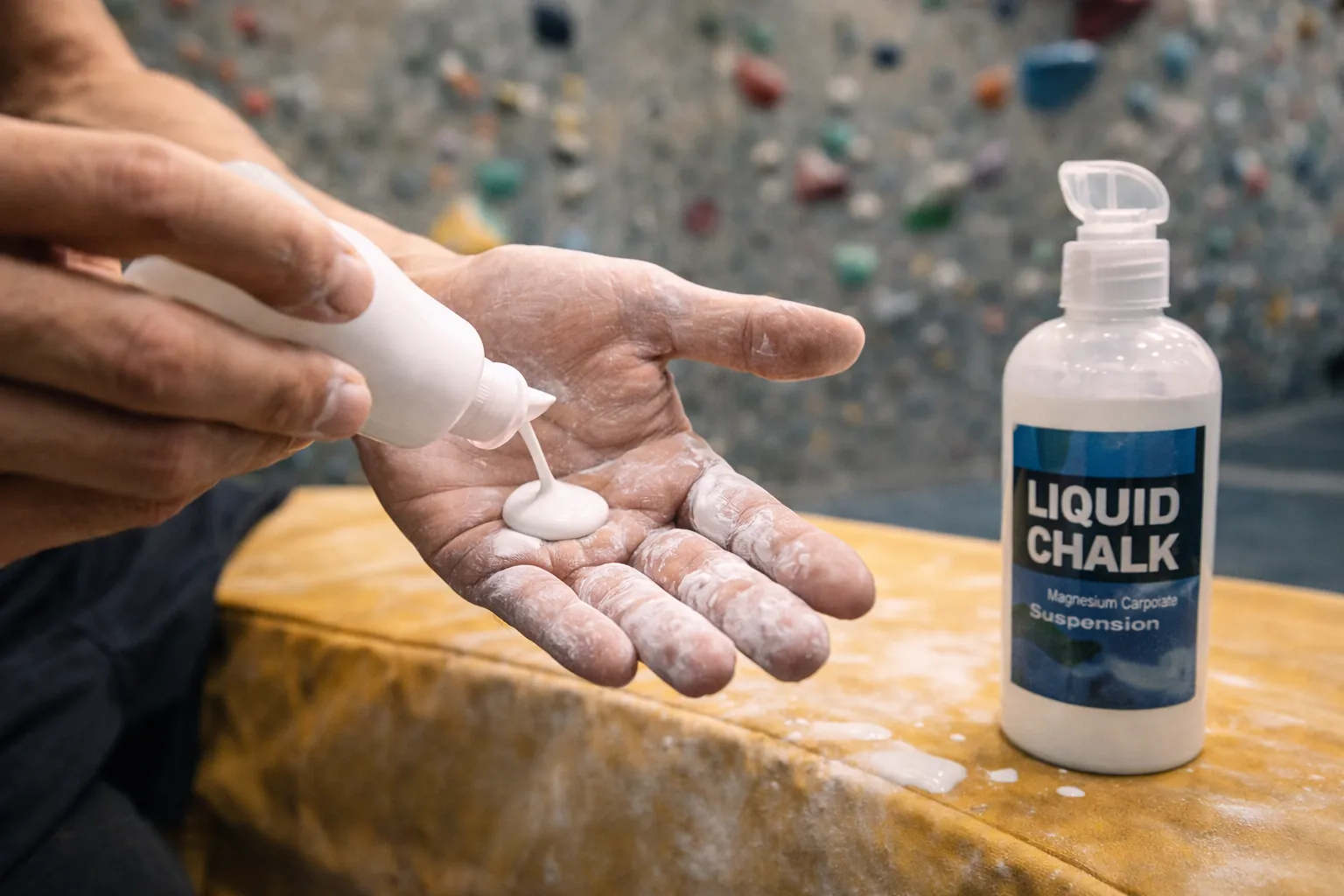 Application de magnésie liquide sur les mains d’un grimpeur en salle d’escalade avant une séance de bloc