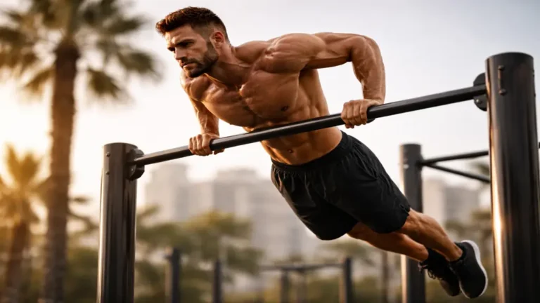 Athlète réalisant un muscle-up sur barre en extérieur, mouvement de street workout combinant traction explosive et dips.