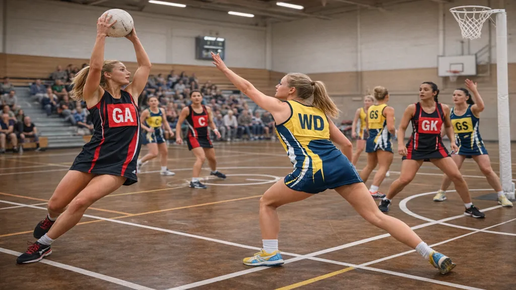 Match de netball en salle avec joueuses en action, passes rapides et défense sans contact sur un terrain réglementaire avec poteau de but.