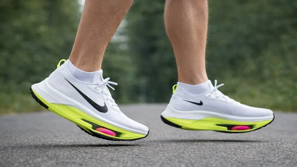 Coureur sur route portant des Nike Alphafly 3 en pleine foulée, chaussures carbone de marathon avec mousse ZoomX et pods Air Zoom