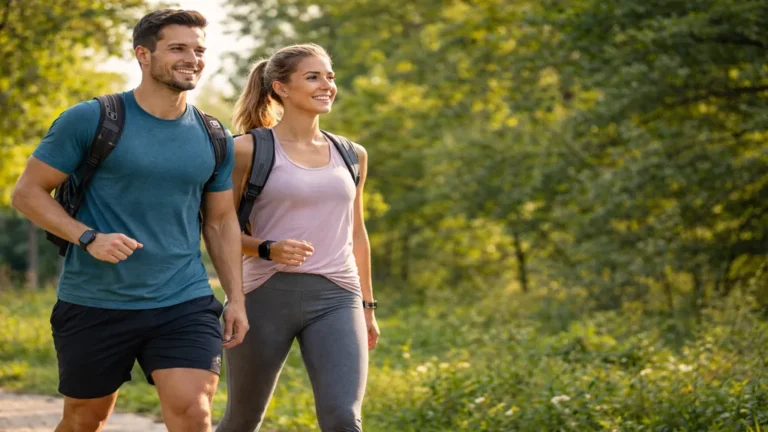 Homme et femme marchant à un rythme actif dans un parc verdoyant, activité physique quotidienne et comptage des pas