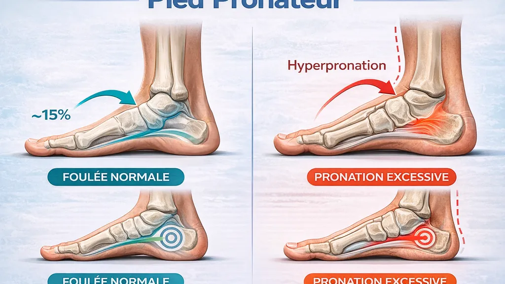 Illustration anatomique comparant une foulée normale et un pied pronateur avec hyperpronation, montrant l’affaissement de la voûte plantaire et la rotation interne du pied.