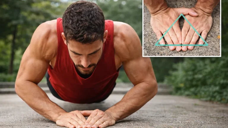 Homme réalisant une pompe diamant au sol avec les mains rapprochées sous la poitrine, mettant l’accent sur le travail des triceps.