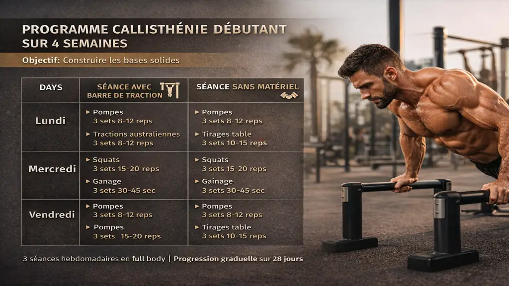 Programme de callisthénie débutant avec exercices au poids du corps en extérieur, structuré sur plusieurs semaines pour développer force et endurance.